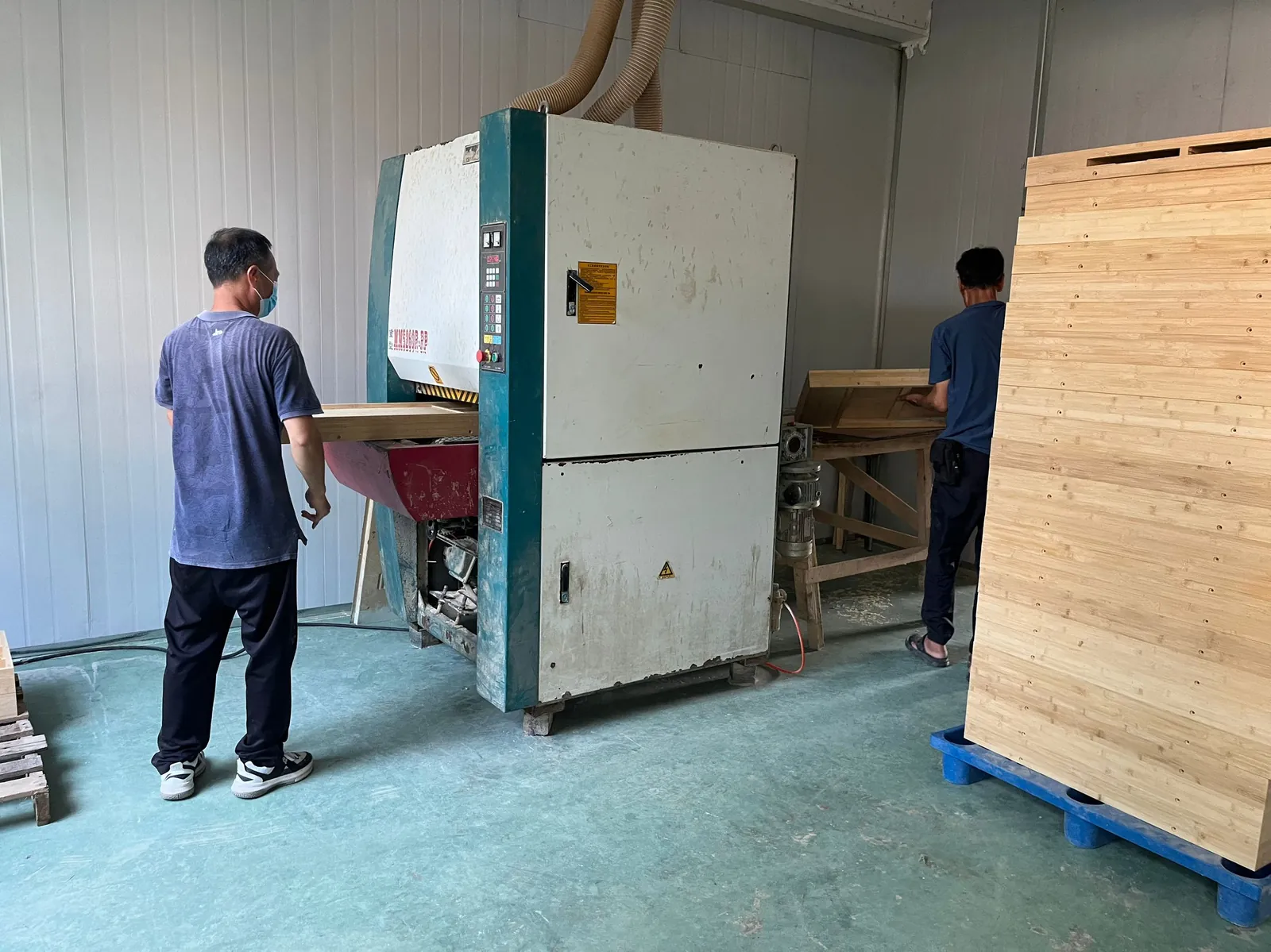 Wide-belt sanding machine with a large wooden panel and operator