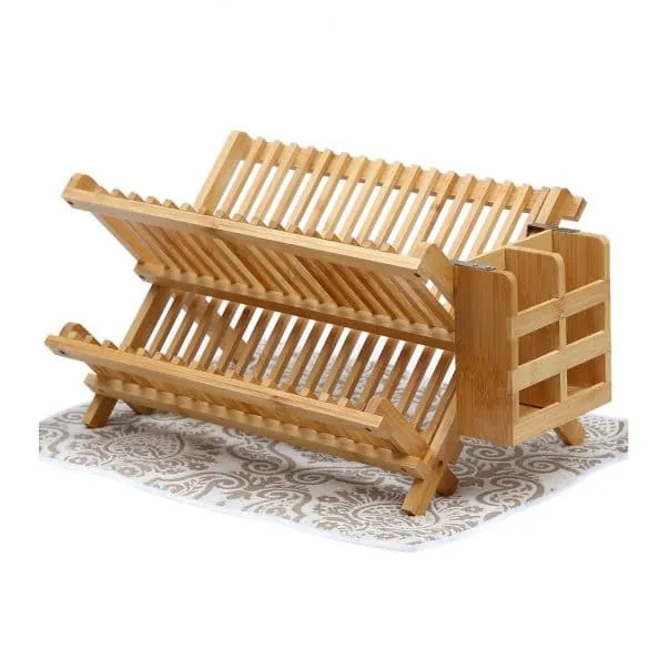 Two-tier folding bamboo dish drying rack with cutlery holder