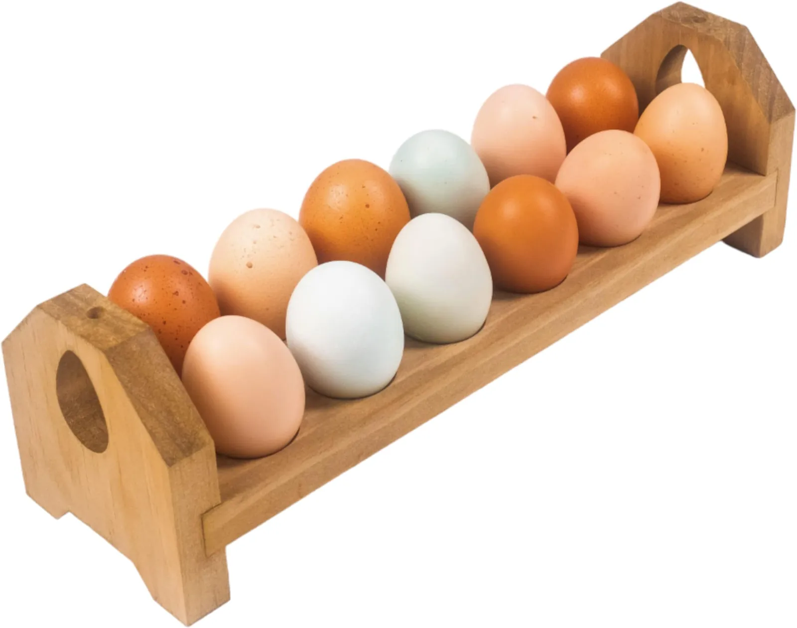 Single-row bamboo egg holder with end supports holding brown and white eggs
