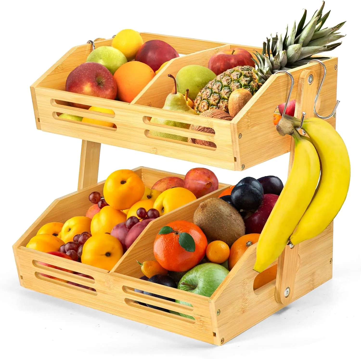 Two-tier bamboo fruit basket stand filled with fruit