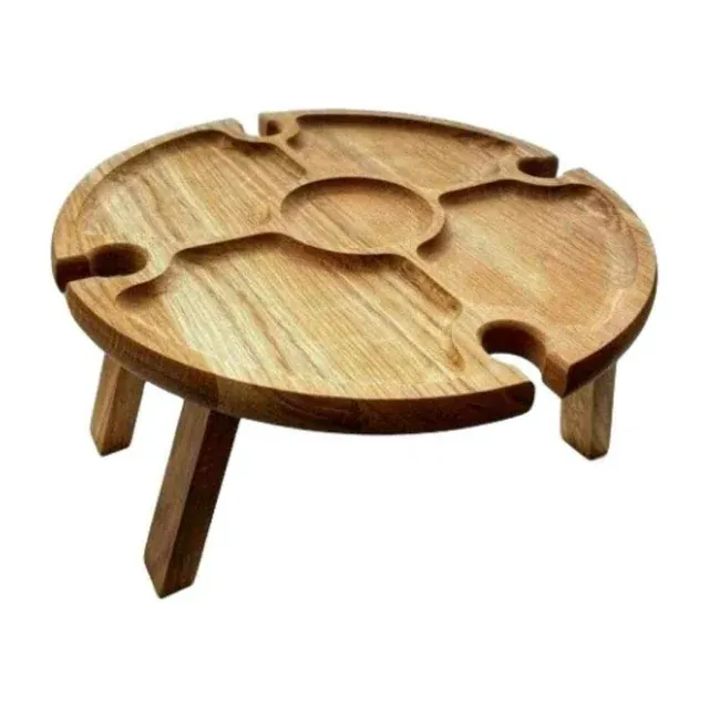 Round foldable wooden picnic table with wine glass slots