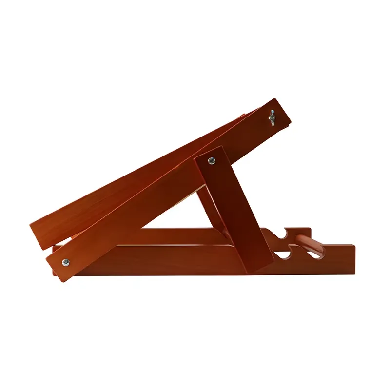 Side view of wooden folding lounger frame with adjustable slots and cushion