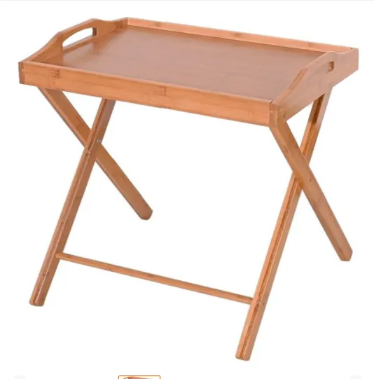 Bamboo folding tray table with raised handled tray top and crossed legs