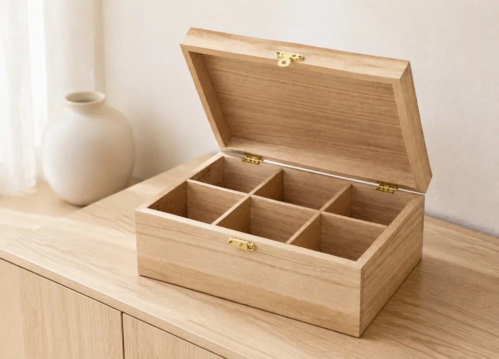 Open natural wood box with hinged lid and six compartments on a sideboard
