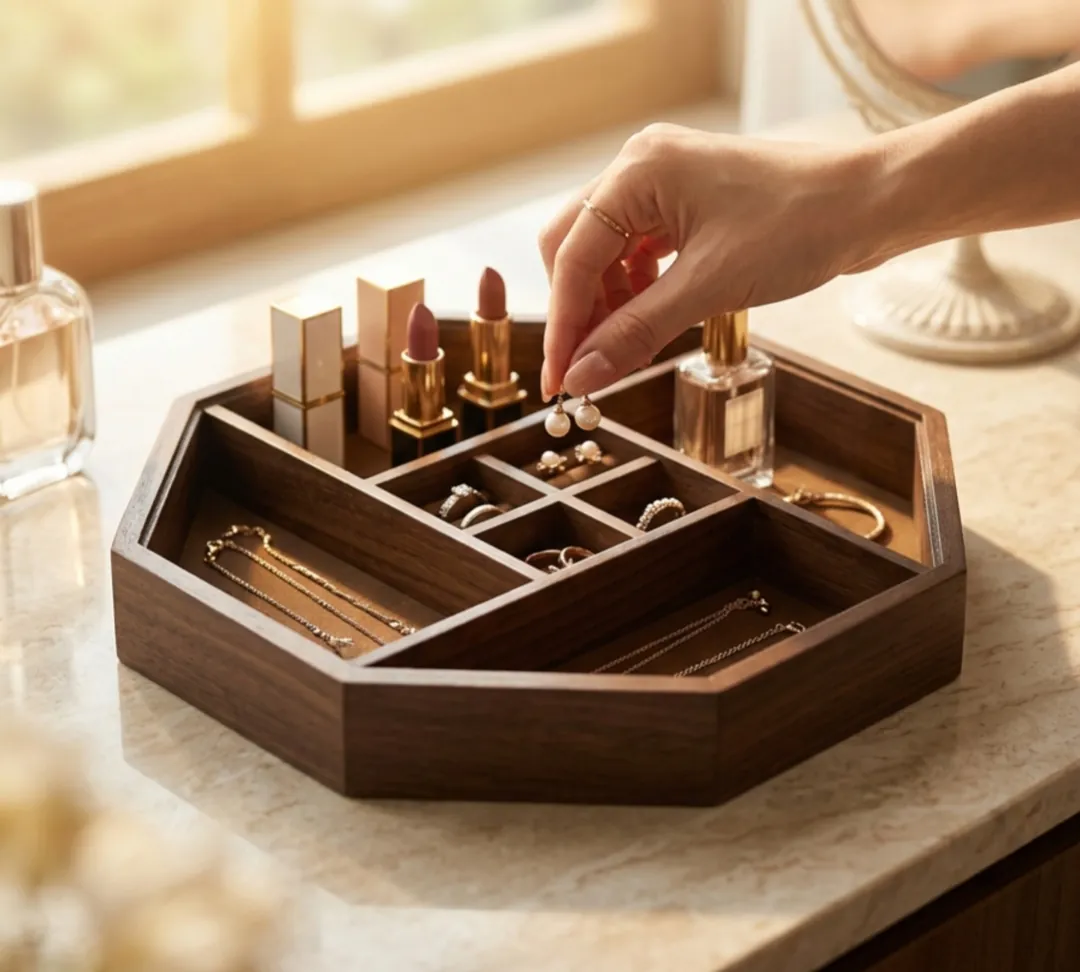 Octagonal dark wood jewellery tray with divided compartments, a hand placing a ring