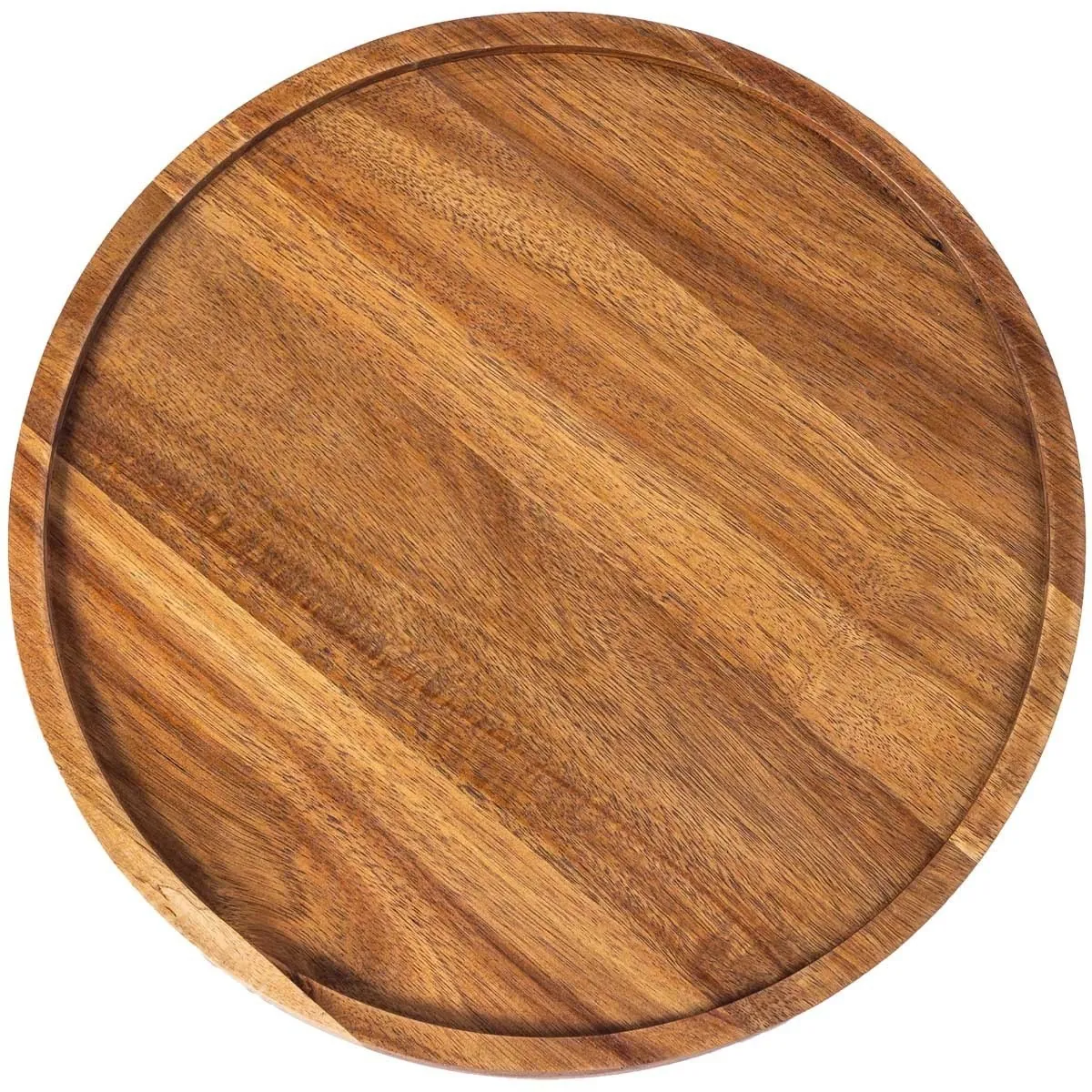 Round acacia wood serving tray with raised rim and visible grain