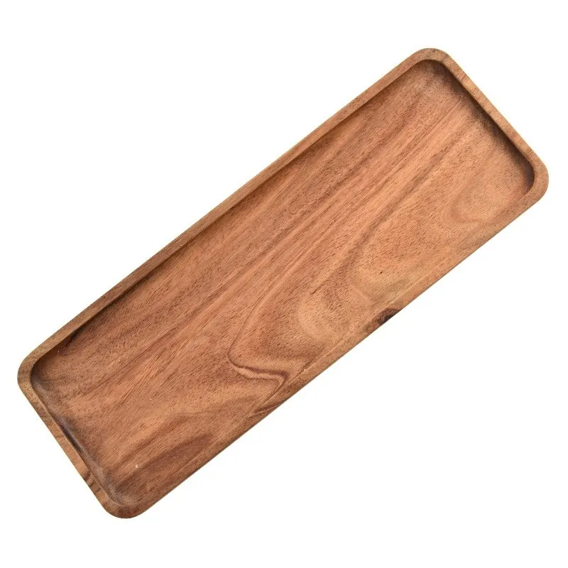 Long rectangular acacia wood tray with raised rim