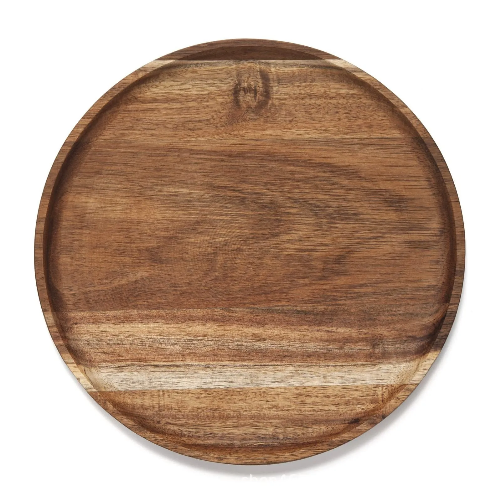 Round acacia wood tray with dark grain seen from above