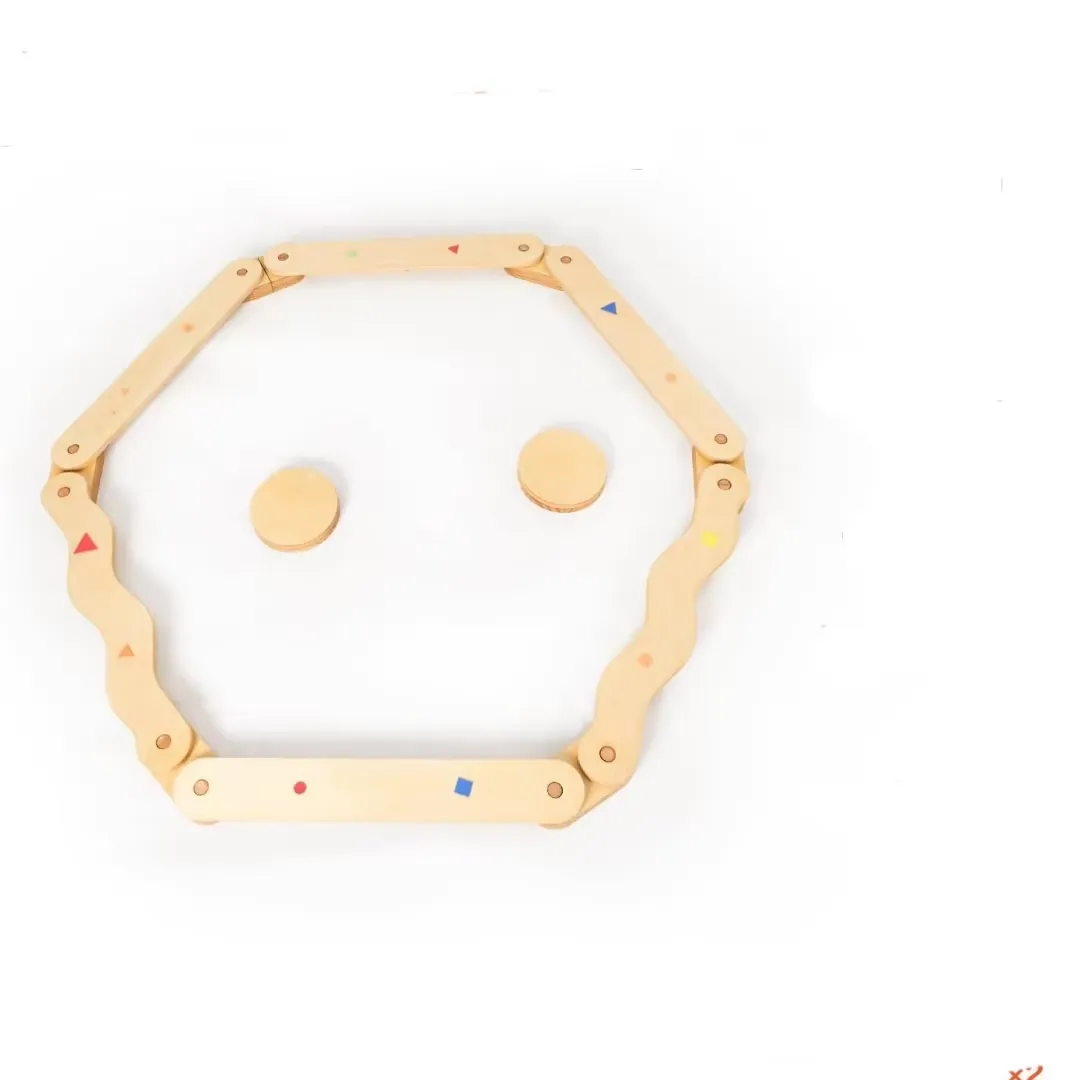 Hexagonal wooden balance beam course in natural wood with two round stepping discs, on white background