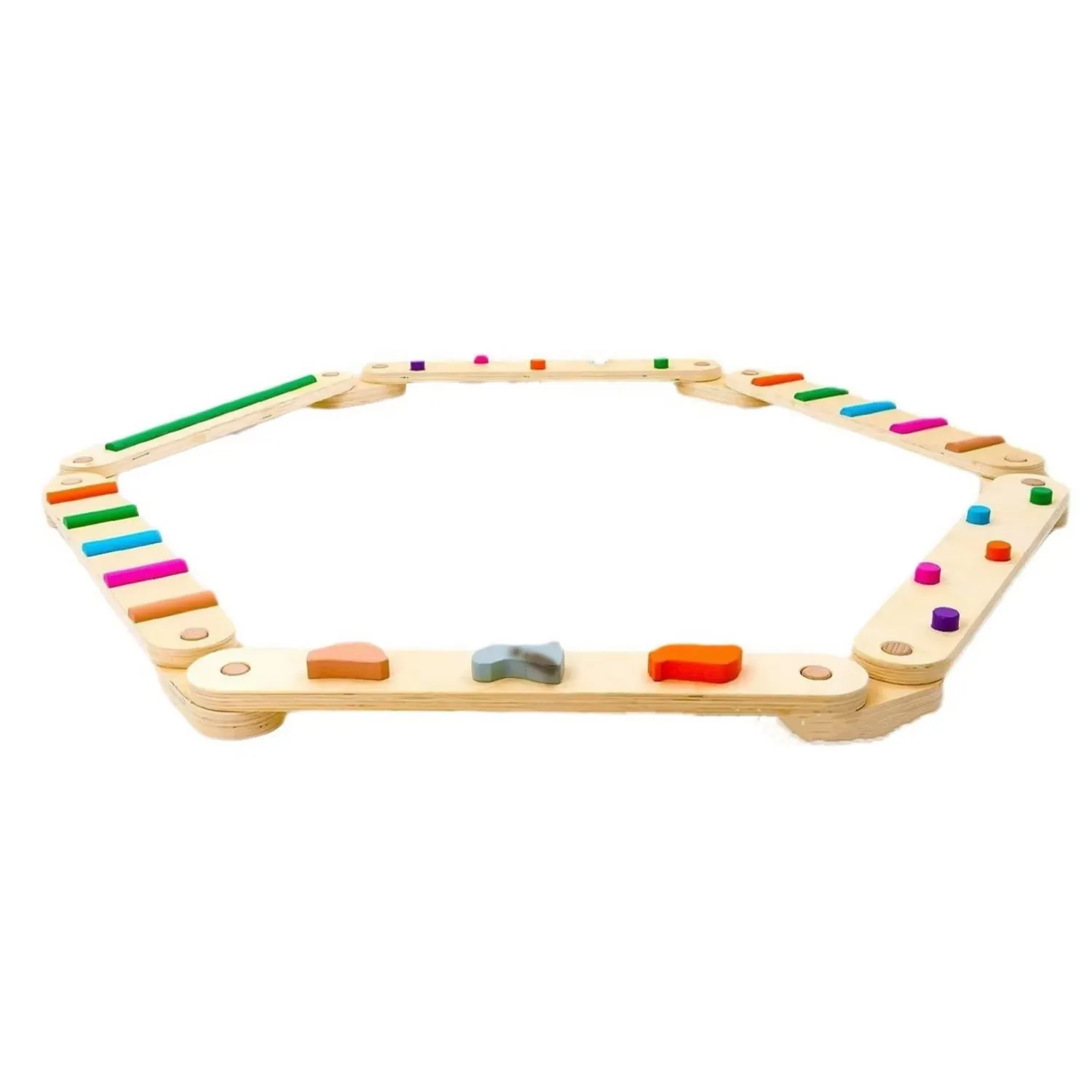 Hexagonal wooden balance course with colourful wooden steps and shaped stepping blocks