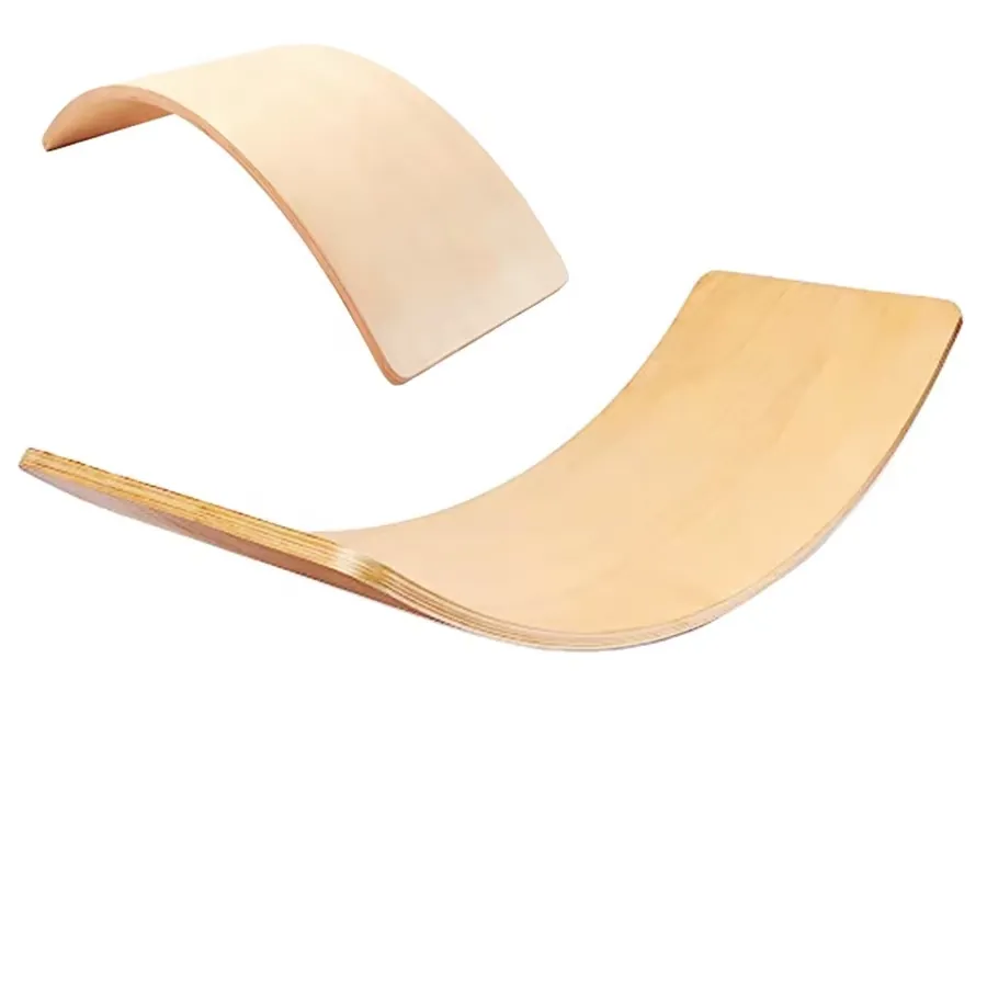 Two curved plywood balance boards in natural birch seen from different angles on white background