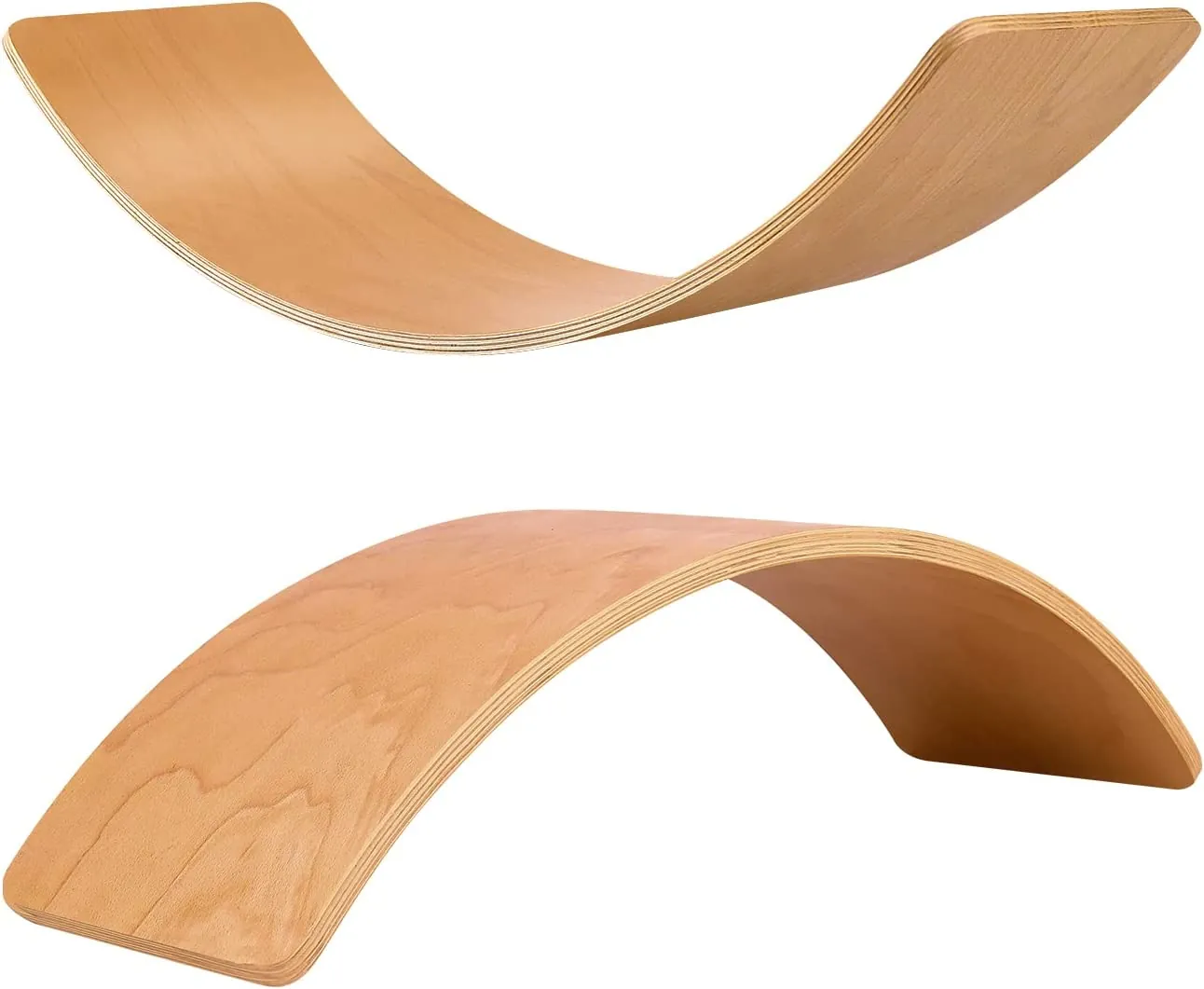 Curved wooden balance board shown upright as an arch and lying flat, natural wood finish
