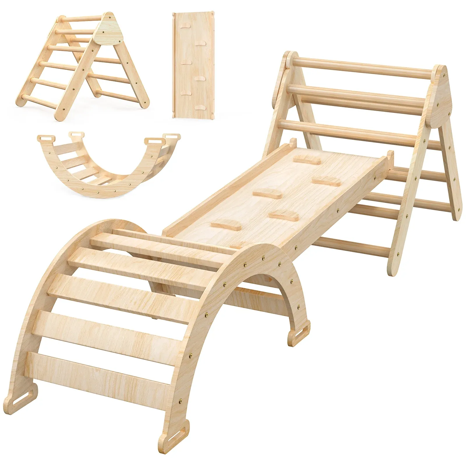 Wooden climbing triangle, climbing arch and ramp set shown assembled and as separate parts, natural wood