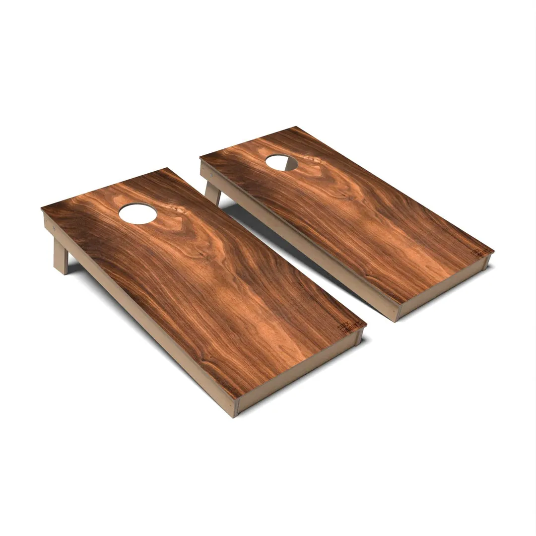 Pair of wooden cornhole boards with dark walnut wood-grain print, on white background