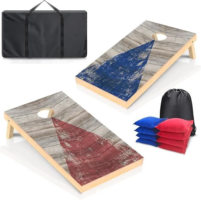 Cornhole set with two distressed-look wooden boards, carry bag and blue and red bean bags