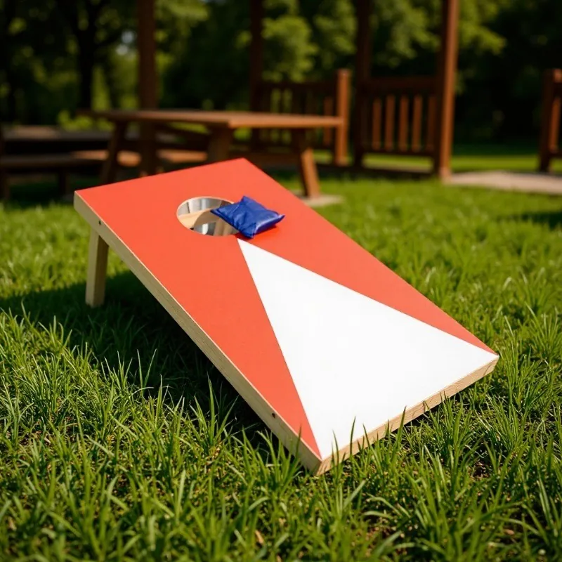 Orange and white cornhole board on a lawn with a blue bean bag near the hole