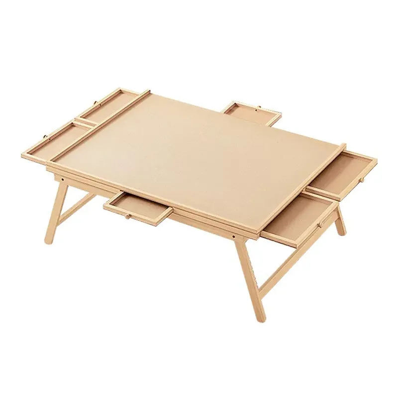 Folding-leg wooden puzzle table with two sliding side drawers and flat work surface