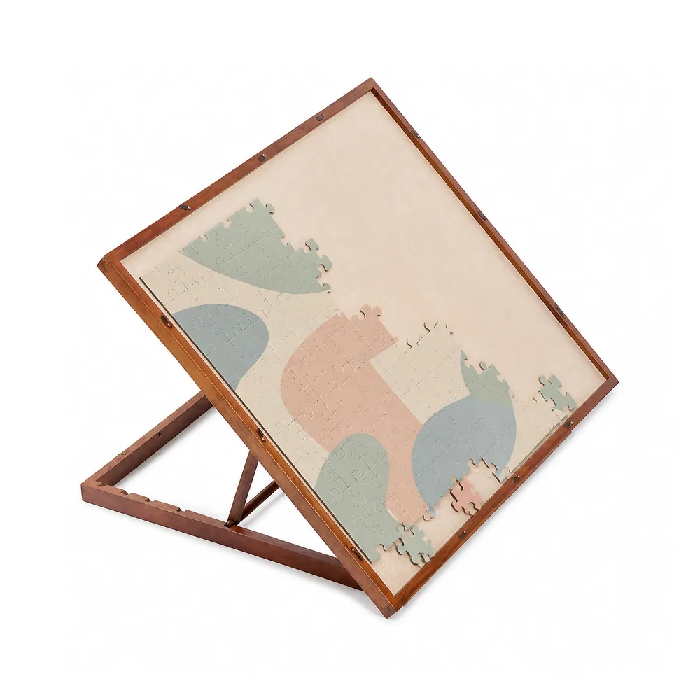 Tilting wooden puzzle board on adjustable easel stand