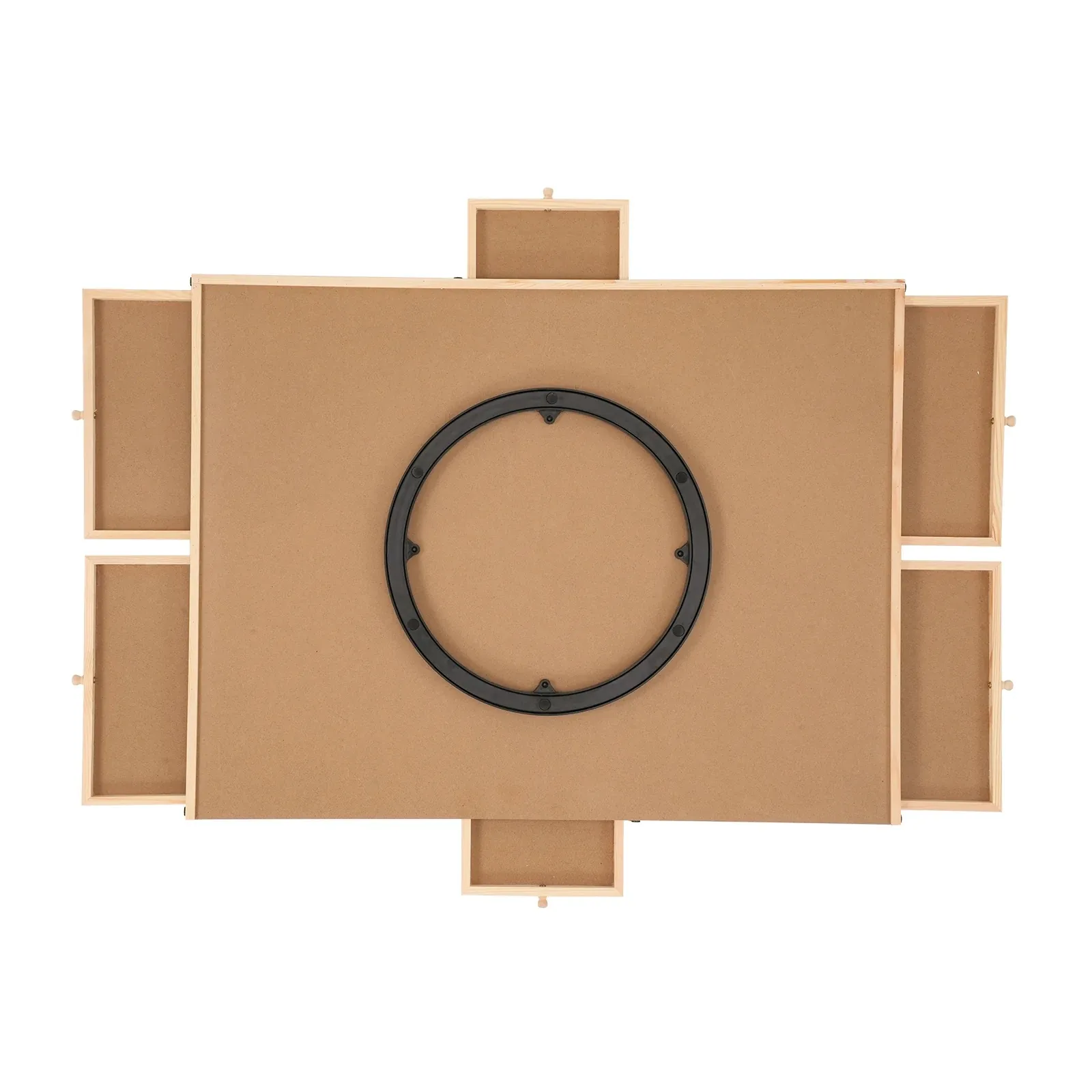 Top view of a wooden puzzle board with rotating base ring and four storage drawers