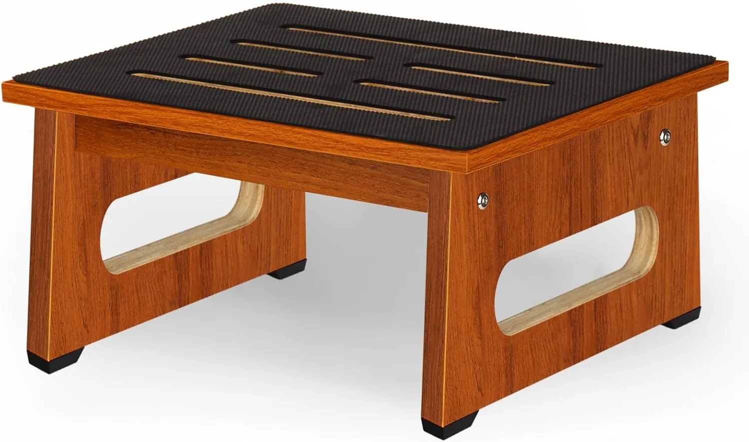 Low wooden foot stool with black non-slip slatted top and cut-out side handles