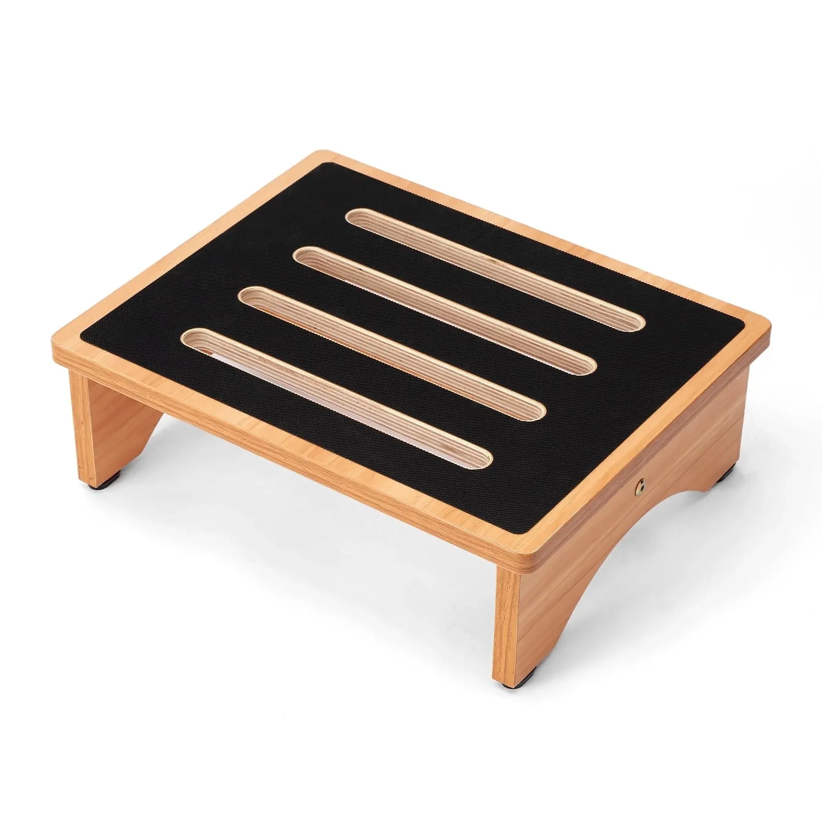 Wooden foot stool with black non-slip top in natural wood finish