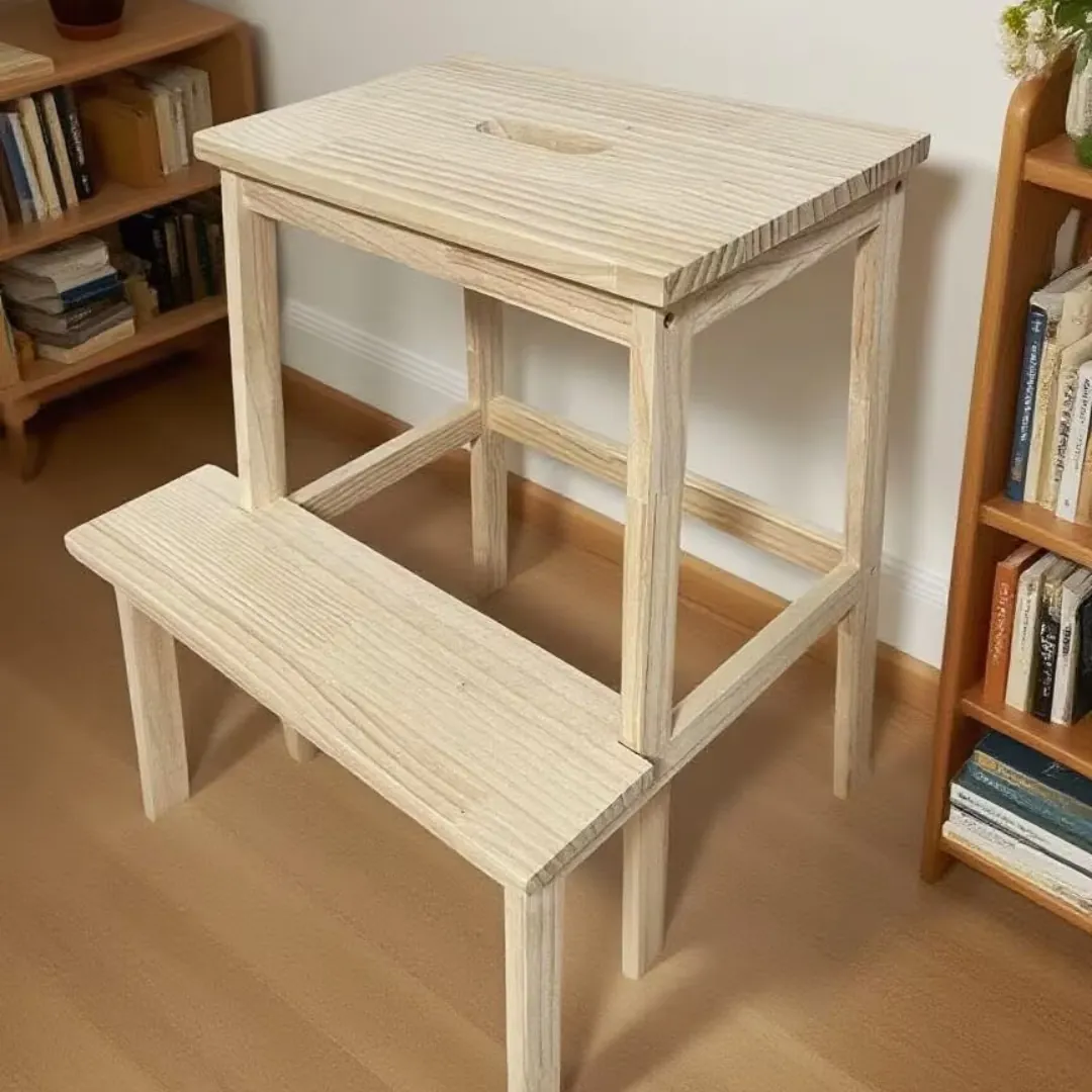 Pine two-step stool beside a bookcase in a living room