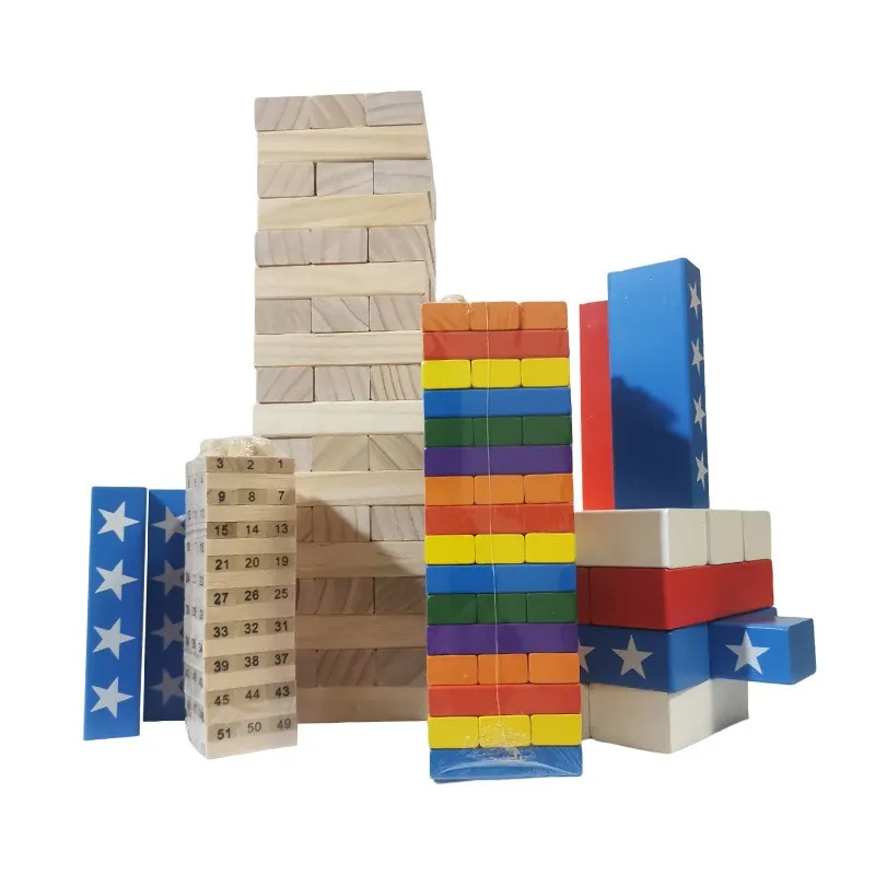 Wooden stacking block games in natural pine, rainbow-coloured and star-print block sets