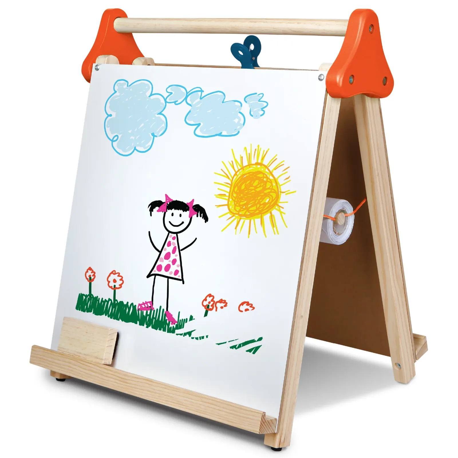 Tabletop wooden easel with a child drawing of a girl and sun on the whiteboard side