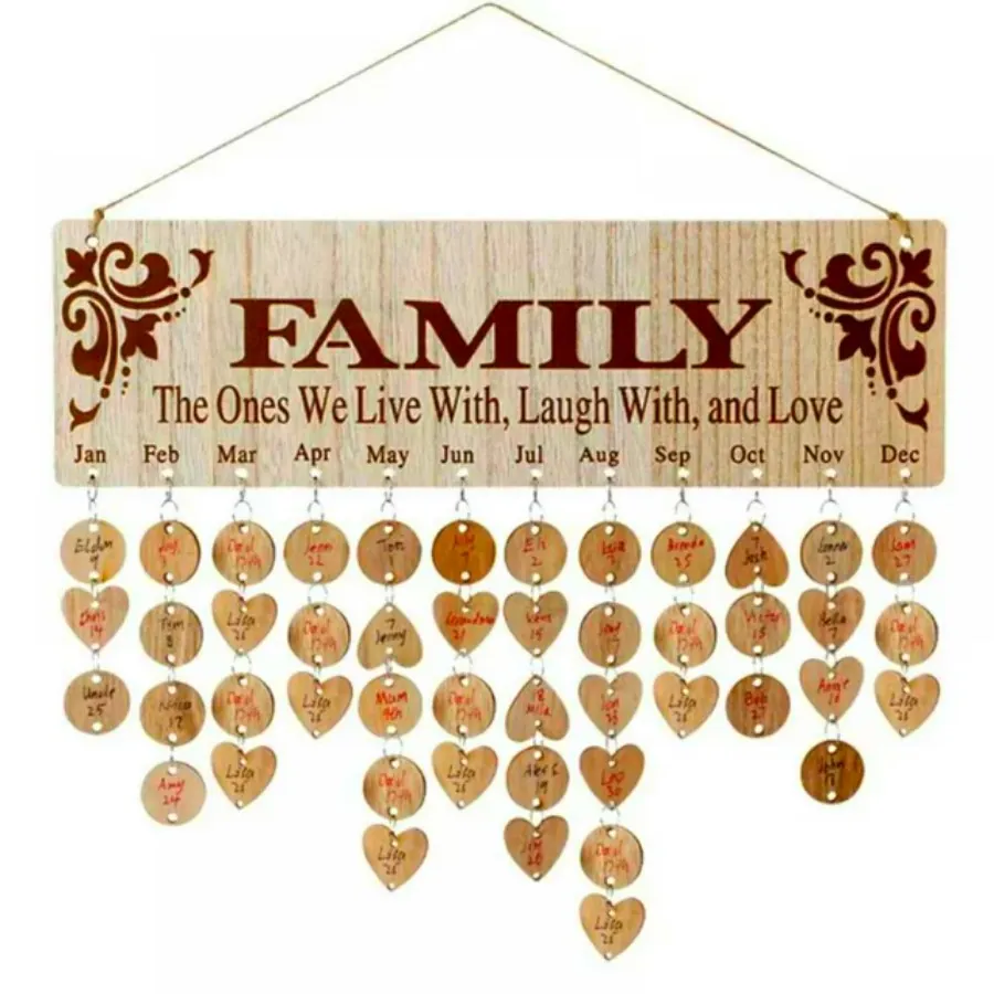 Hanging wooden family birthday calendar sign with heart tags and twine