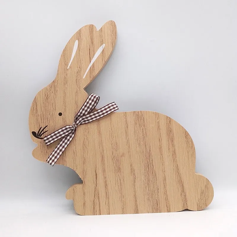 Wooden bunny decoration with wood-grain print and checked ribbon bow