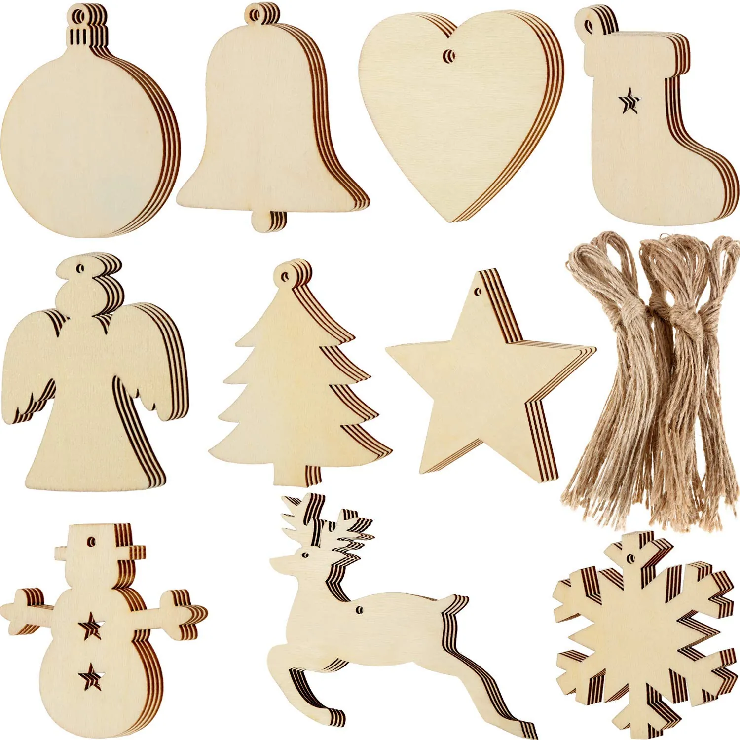 Set of plain wooden cutout ornaments in bell, heart, boot, angel, tree, star, snowman, reindeer and snowflake shapes with twine