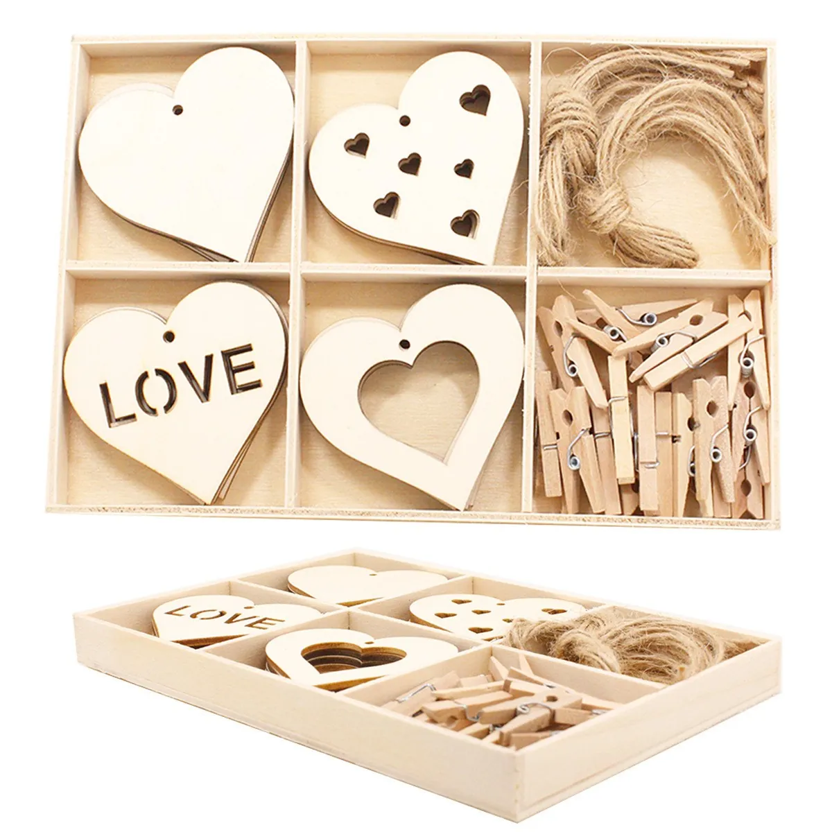 Wooden tray holding heart-shaped wood cutouts, clothes pegs and twine