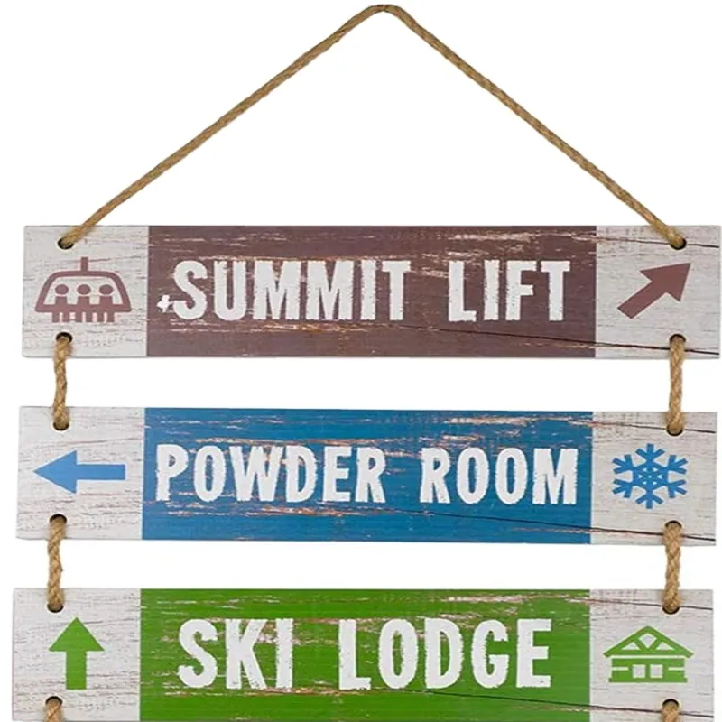 Hanging wooden directional sign set with three plank signs on rope