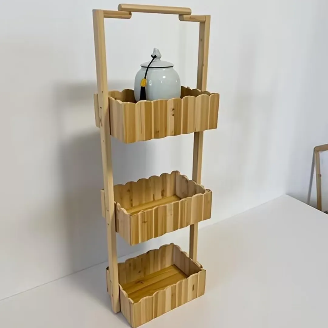 Three-tier bamboo shelf with scalloped-edge baskets and a ceramic jar on top