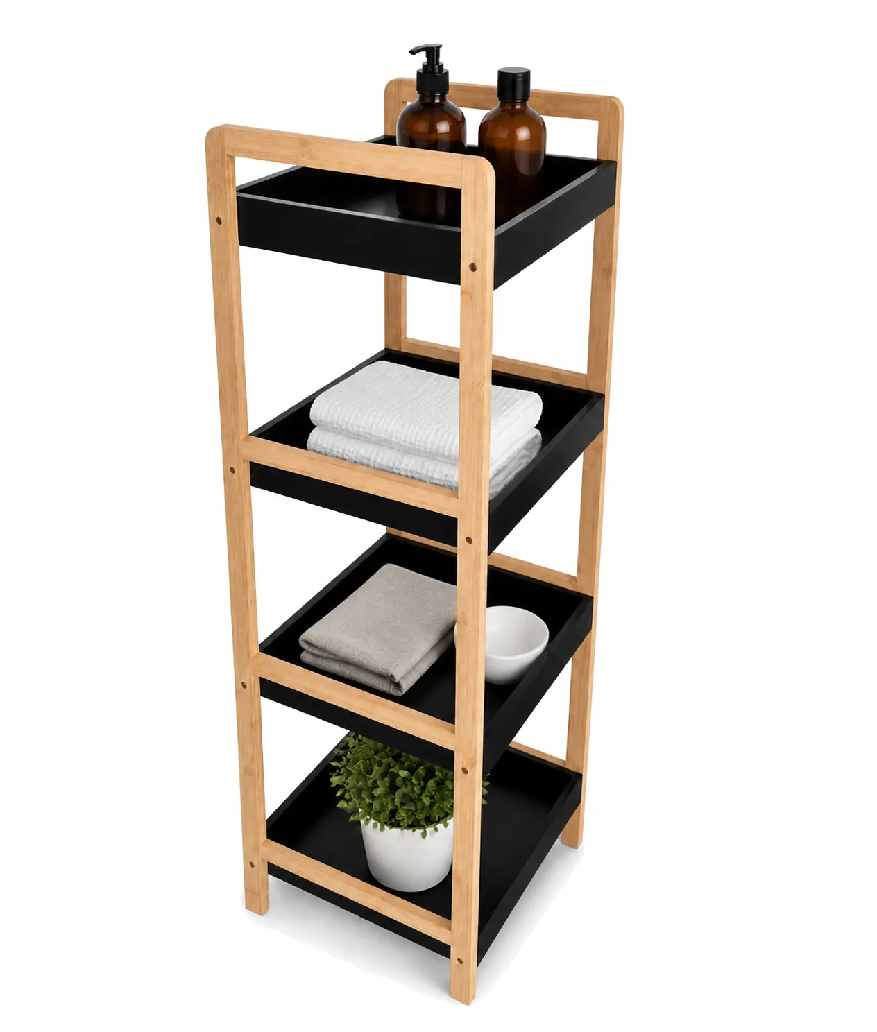 Four-tier bamboo storage shelf with black trays holding towels and bottles