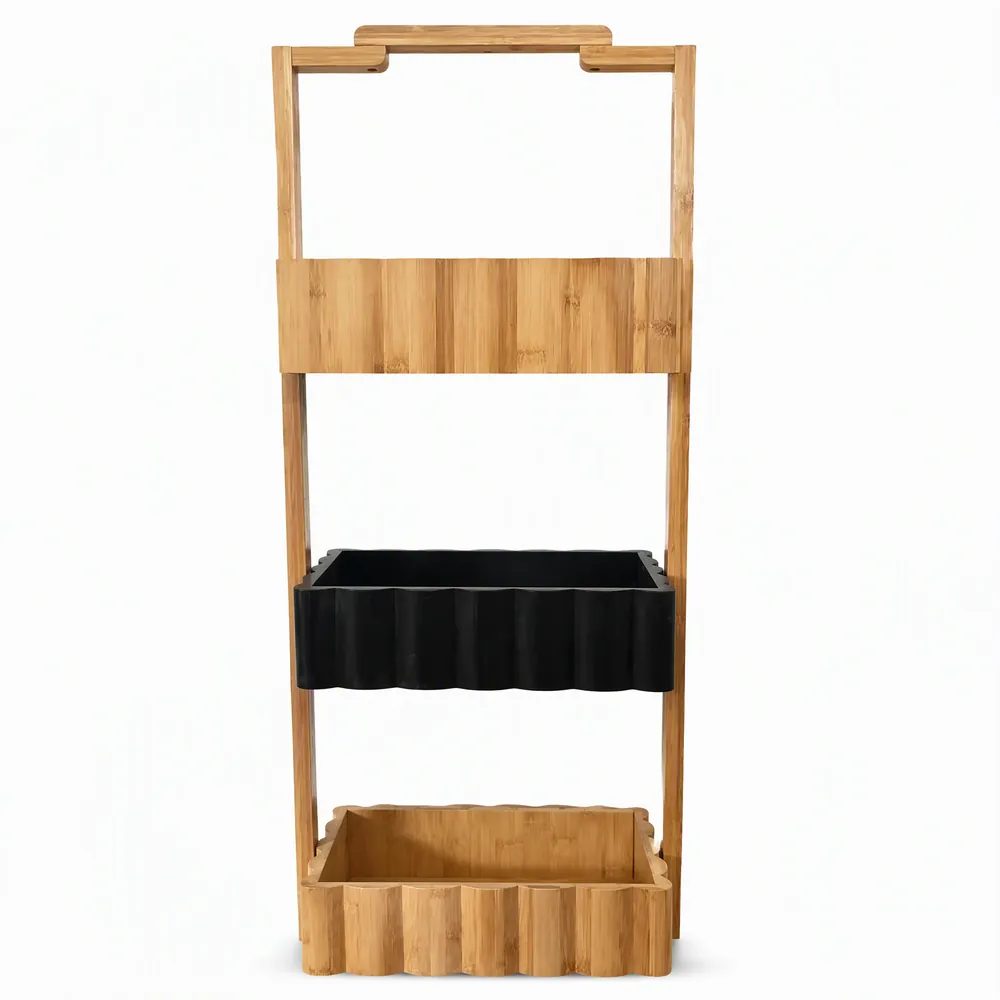 Three-tier bamboo ladder-frame shelf with ribbed black bin and natural bins