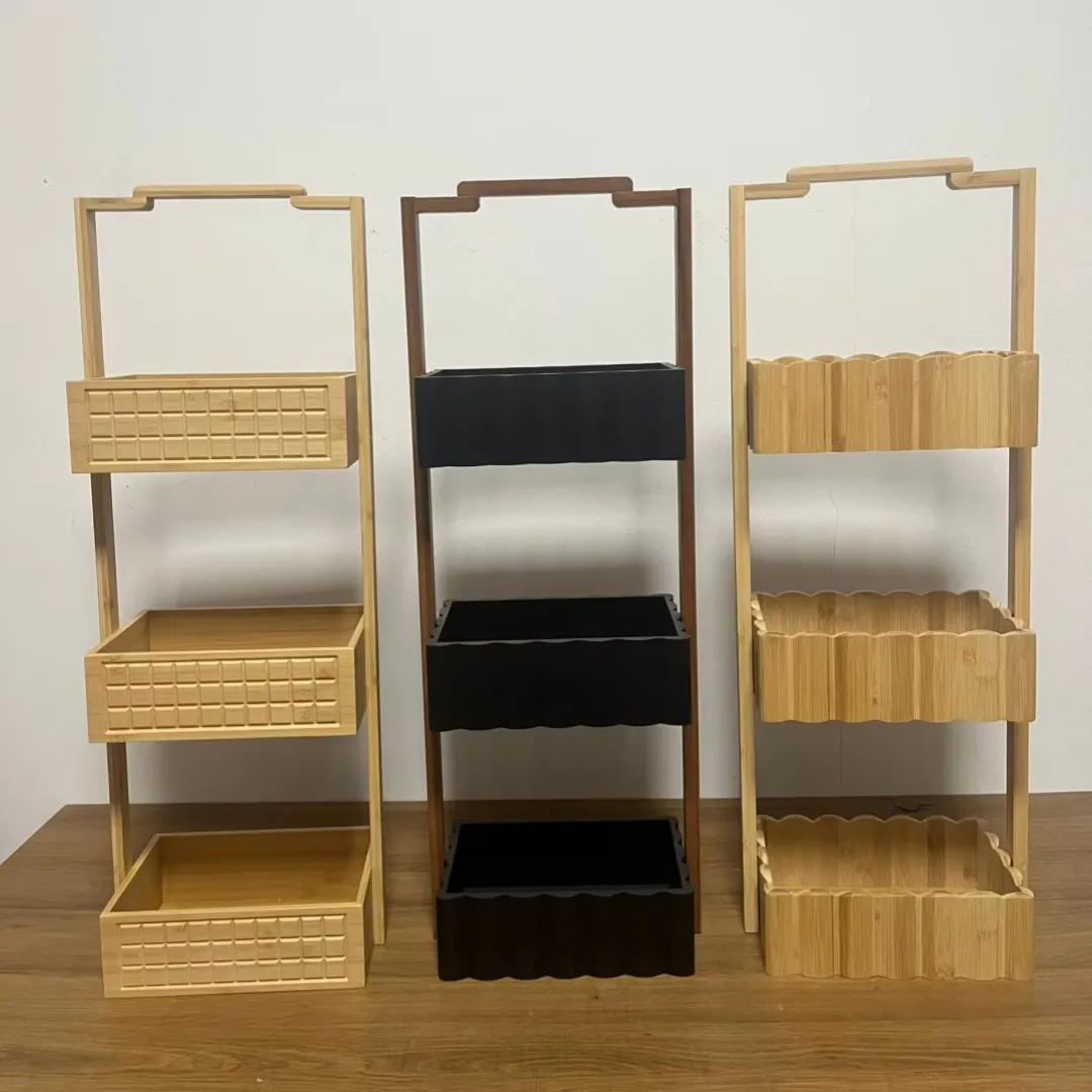 Three bamboo basket shelves in natural, black and brown finishes on a wood floor
