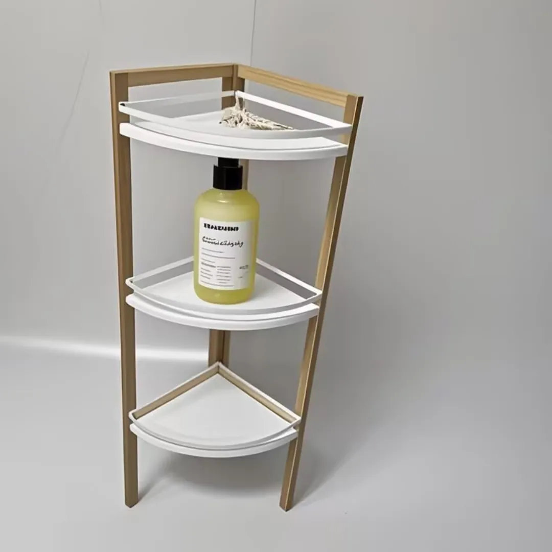 Three-tier corner shelf with bamboo frame and white trays holding a soap bottle