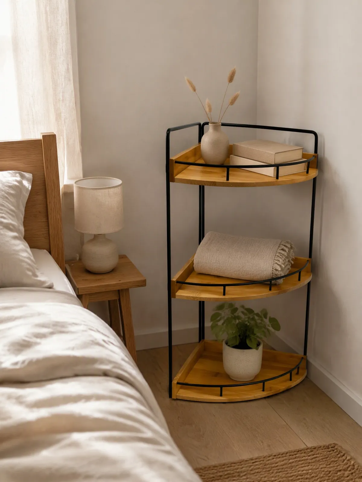 Three-tier corner shelf with black metal frame and bamboo trays in a bedroom corner