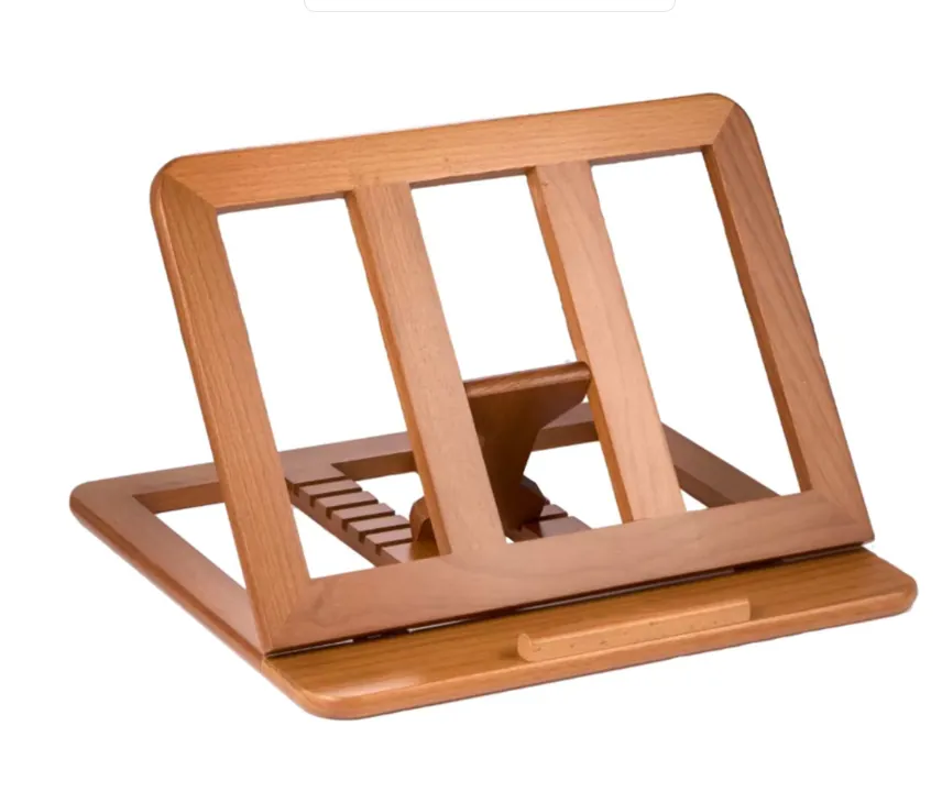Adjustable wooden laptop and book stand with slatted frame and angle slots