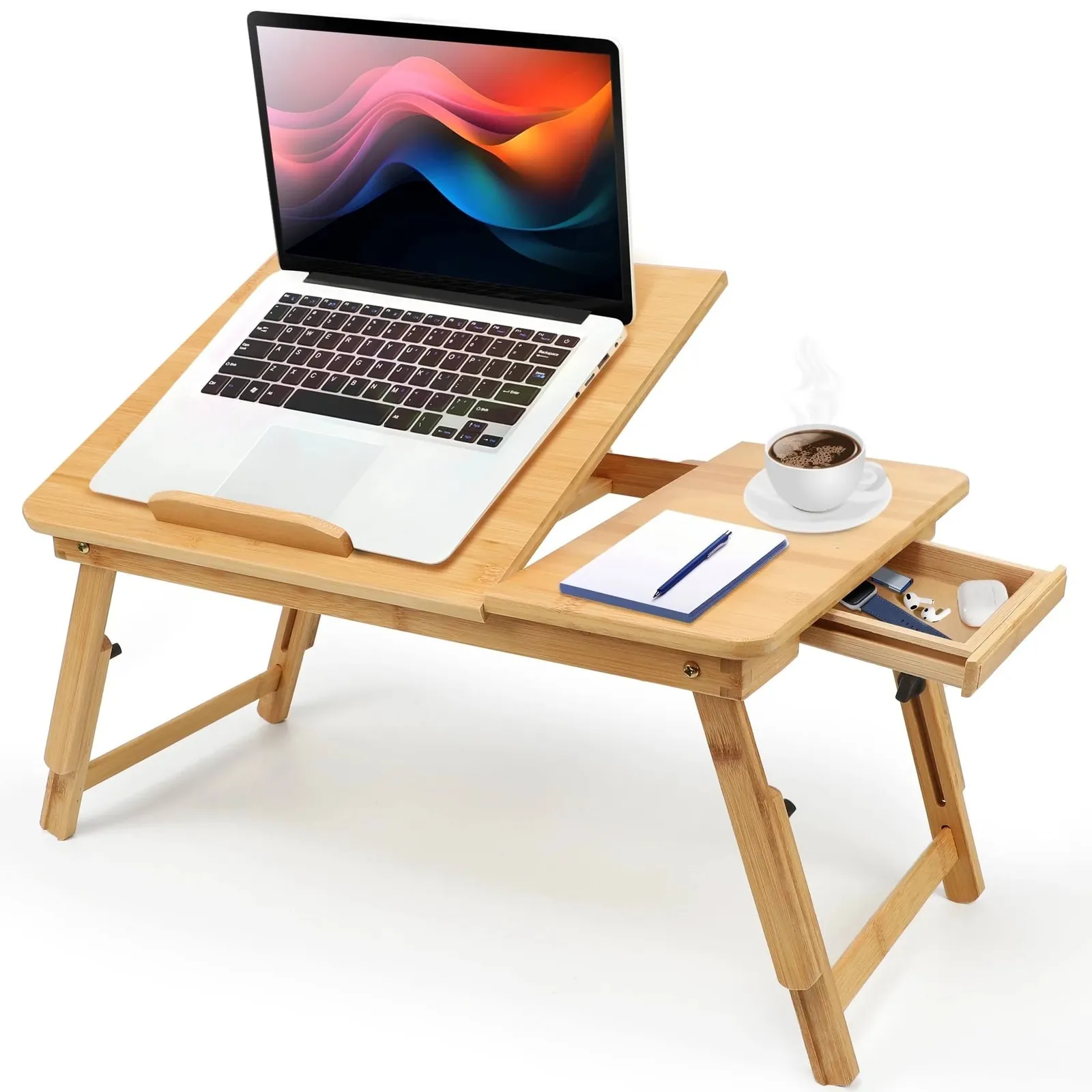 Bamboo foldable laptop table with tilting top, side drawer and a laptop on it