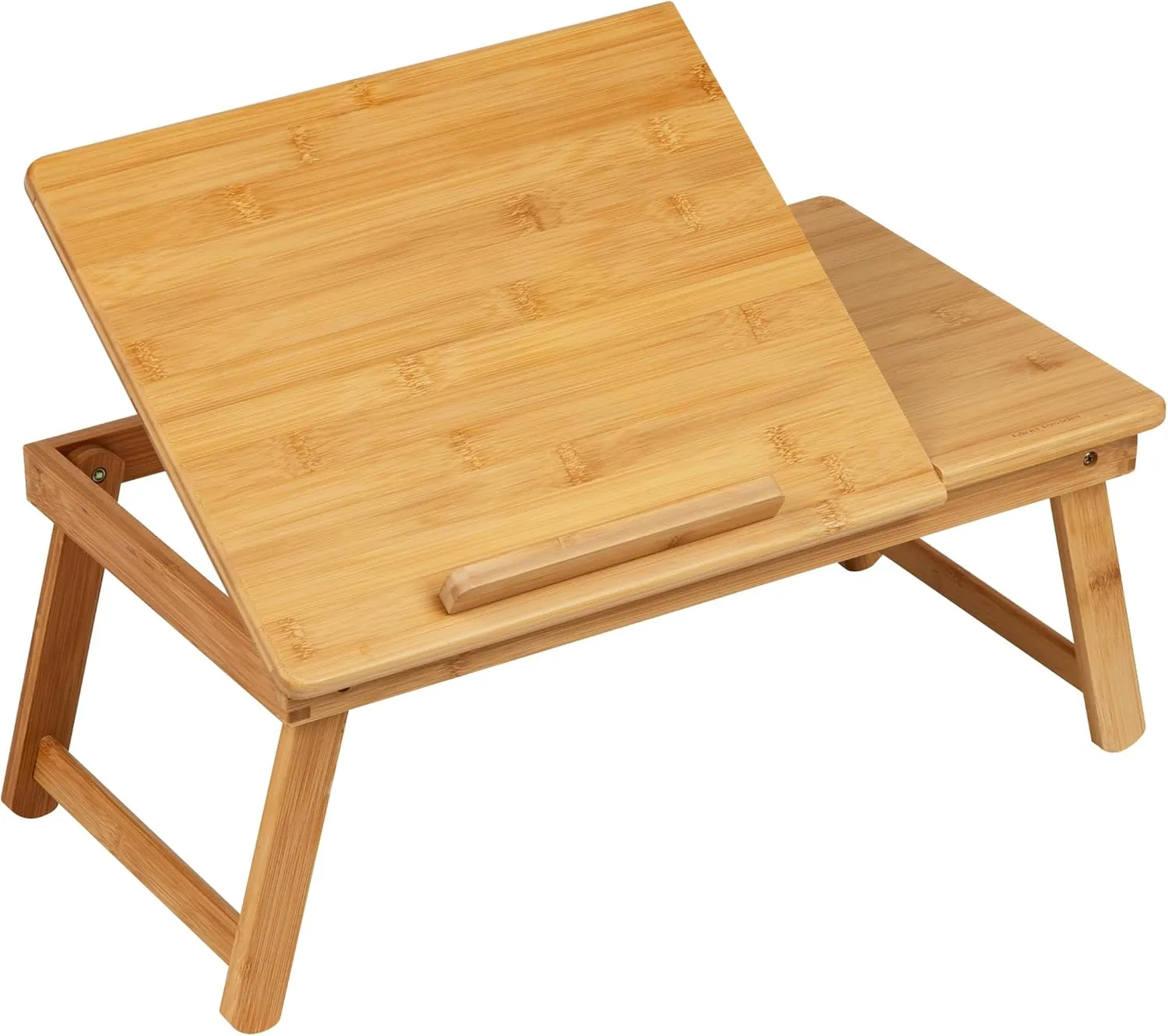 Bamboo laptop table with tilted work surface and wooden stopper
