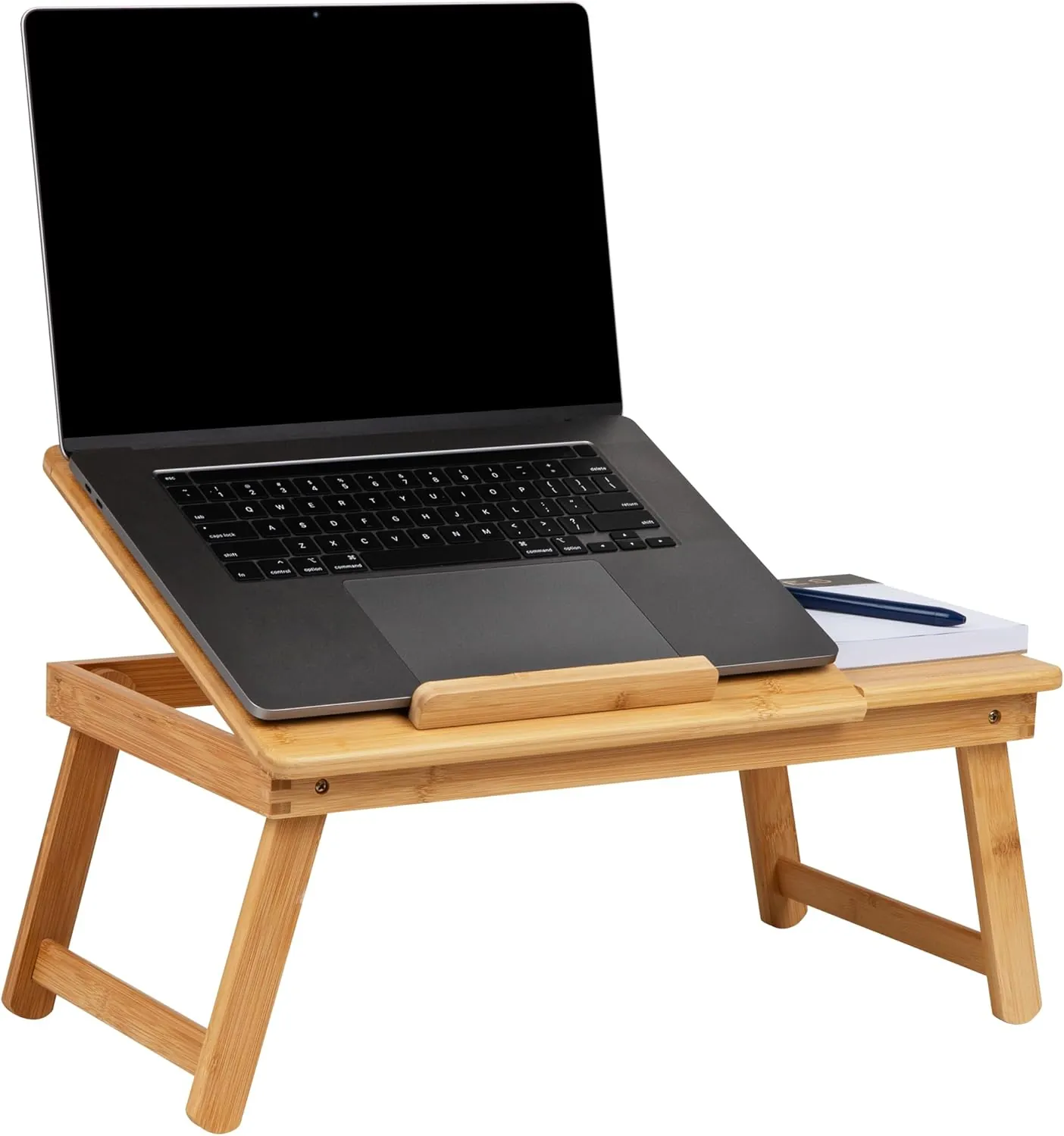 Bamboo laptop table with a laptop and notebook, front view