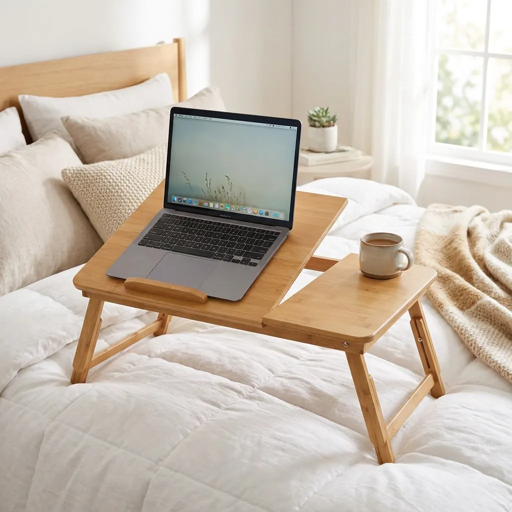 Bamboo laptop table on a bed with a laptop and mug
