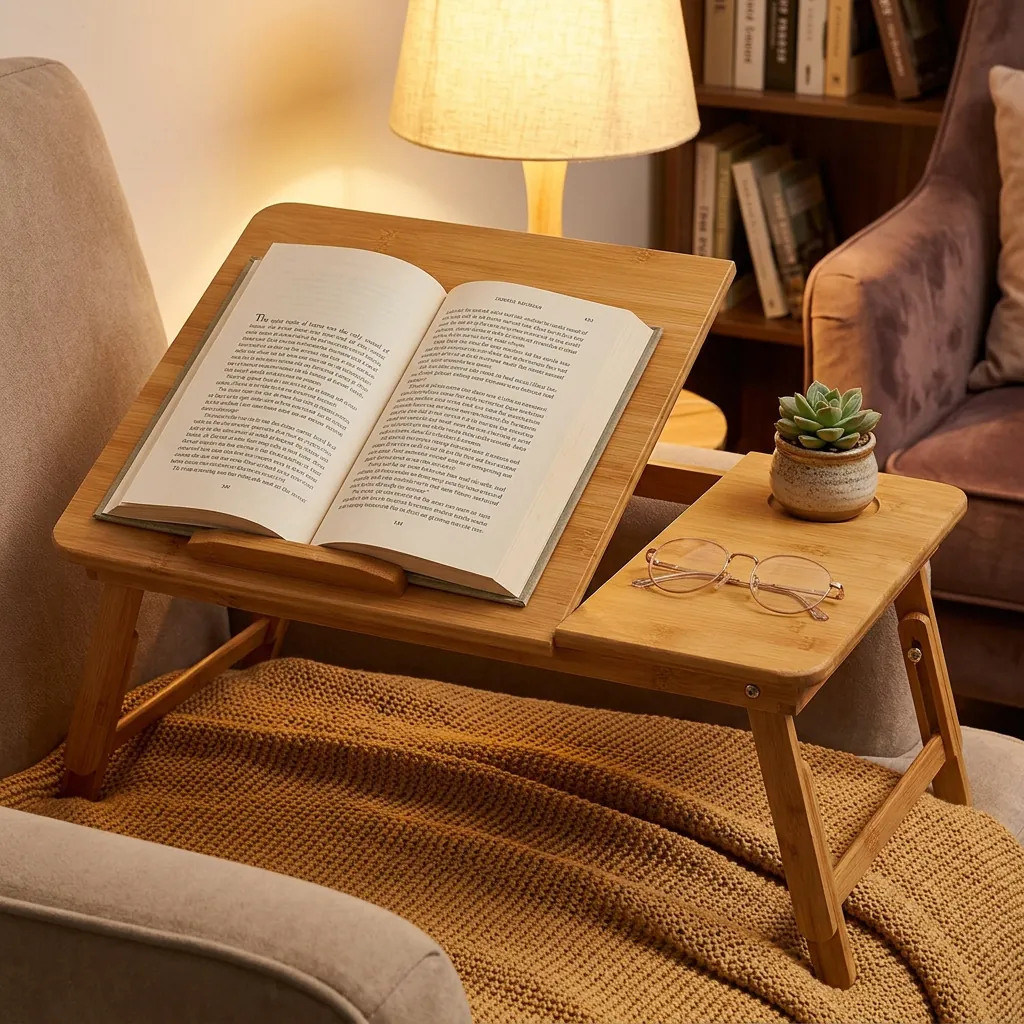 Bamboo lap table tilted as a book stand on an armchair