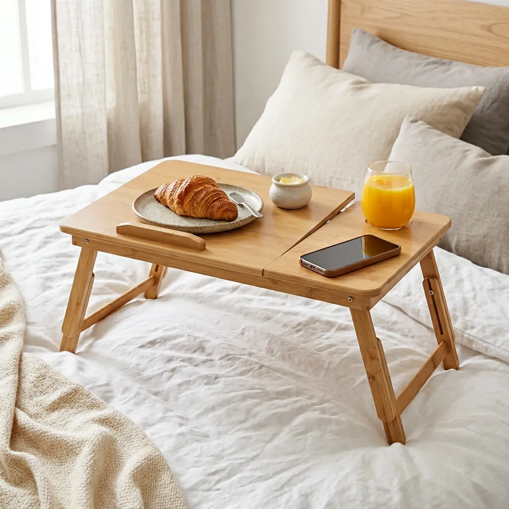 Bamboo bed table with croissant, juice and phone