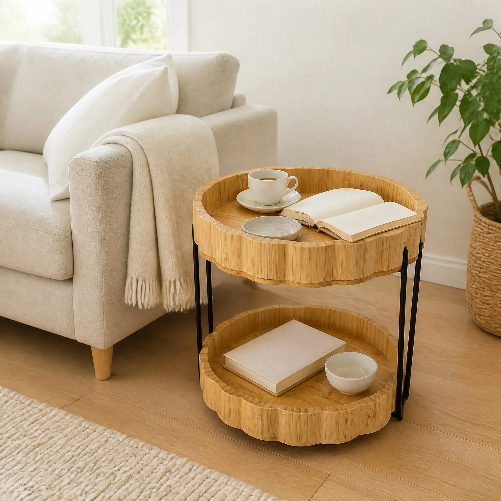Two-tier round bamboo side table with black legs beside a sofa