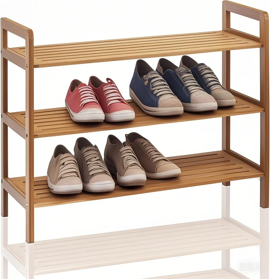 Three-tier slatted bamboo shoe rack holding sneakers on white background