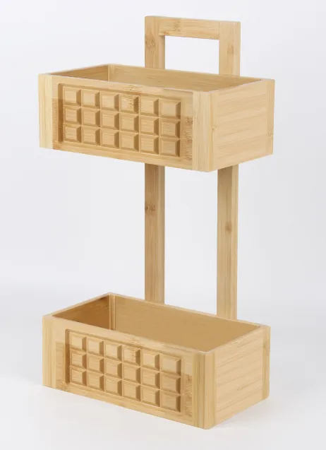 Two-basket bamboo shelf with waffle-pattern baskets on a grey background